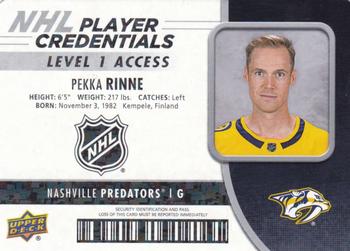 2018-19 Upper Deck MVP - NHL Player Credentials Level 1 Access #NHL-RI Pekka Rinne Front