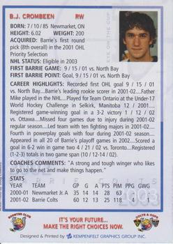 2002-03 Colts & Cops Barrie Colts (OHL) #NNO B.J. Crombeen Back