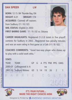 2002-03 Colts & Cops Barrie Colts (OHL) #NNO Dan Speer Back