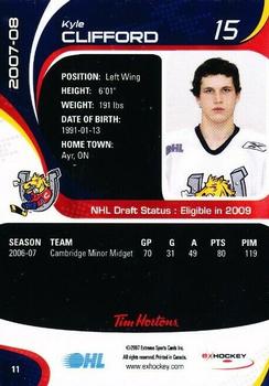 2007-08 Extreme Tim Hortons Barrie Colts (OHL) #NNO Kyle Clifford Back
