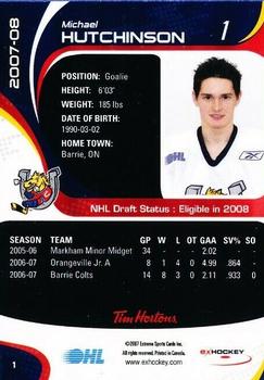 2007-08 Extreme Tim Hortons Barrie Colts (OHL) #NNO Michael Hutchinson Back