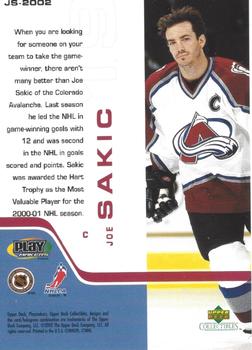 2001-02 Upper Deck Collectibles NHL PlayMakers #JS-2002 Joe Sakic Back