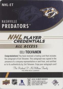 2018-19 Upper Deck MVP - NHL Player Credentials Autographs #NHL-ET Eeli Tolvanen Back