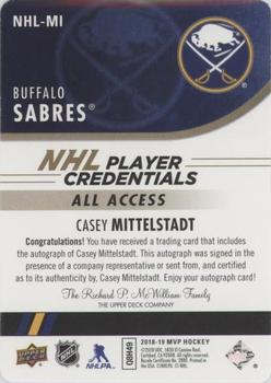 2018-19 Upper Deck MVP - NHL Player Credentials Autographs #NHL-MI Casey Mittelstadt Back