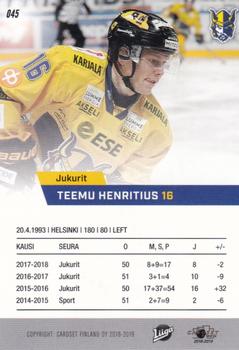 2018-19 Cardset Finland #045 Teemu Henritius Back