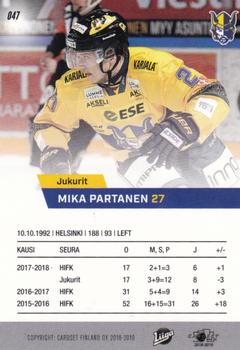 2018-19 Cardset Finland #047 Mika Partanen Back