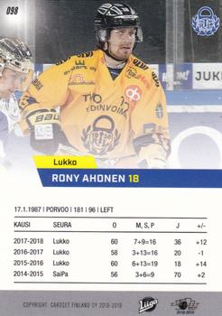 2018-19 Cardset Finland #098 Rony Ahonen Back