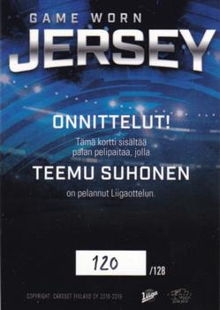 2018-19 Cardset Finland - Game Worn Jersey Series 1 Exchange #GWJ2 Teemu Suhonen Back