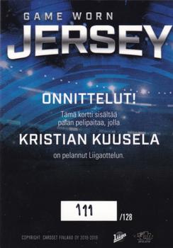 2018-19 Cardset Finland - Game Worn Jersey Series 1 Exchange #GWJ6 Kristian Kuusela Back