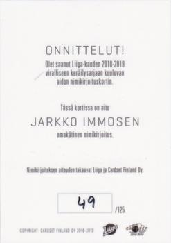 2018-19 Cardset Finland - Signature #NNO Jarkko Immonen Back