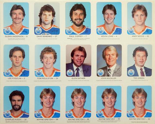 1982-83 Red Rooster Edmonton Oilers - Sheets #NNO Glenn Anderson / Dave Semenko / Paul Coffey / Kevin Lowe / Andy Moog / Lee Fogolin / Tom Roulston / Glen Sather / John Muckler / Ted Green / Charlie Huddy / Wayne Gretzky / Wayne Gretzky / Wayne Gretzky / Wayne Gretzky Front