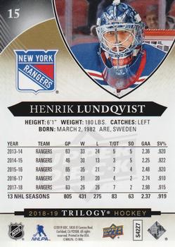 2018-19 Upper Deck Trilogy #15 Henrik Lundqvist Back
