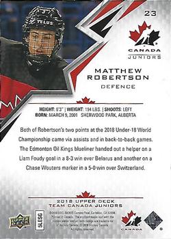 2018 Upper Deck Team Canada Juniors #23 Matthew Robertson Back