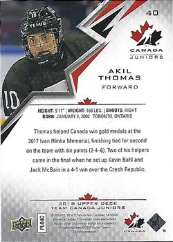 2018 Upper Deck Team Canada Juniors #40 Akil Thomas Back