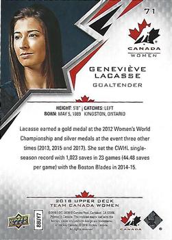 2018 Upper Deck Team Canada Juniors #71 Genevieve Lacasse Back