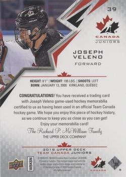 2018 Upper Deck Team Canada Juniors - Team Canada Jerseys #39 Joseph Veleno Back