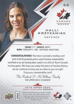 2018 Upper Deck Team Canada Juniors - Team Canada Jerseys #62 Halli Krzyzaniak Back