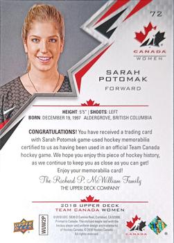 2018 Upper Deck Team Canada Juniors - Team Canada Jerseys #72 Sarah Potomak Back
