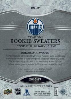 2018-19 Upper Deck Artifacts - Year One Rookie Sweaters #RS-JP Jesse Puljujarvi Back