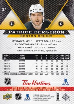 2018-19 Upper Deck Tim Hortons #37 Patrice Bergeron Back