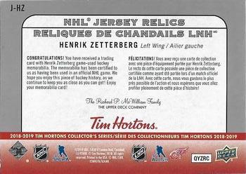 2018-19 Upper Deck Tim Hortons - NHL Jersey Relics #J-HZ Henrik Zetterberg Back