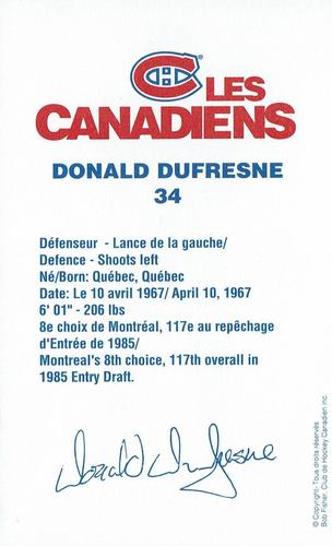 1991-92 Montreal Canadiens Team Issue #NNO Donald Dufresne Back