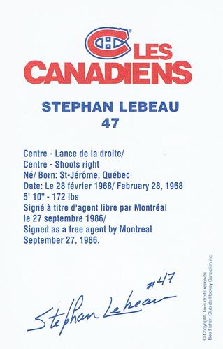 1991-92 Montreal Canadiens Team Issue #NNO Stephan Lebeau Back