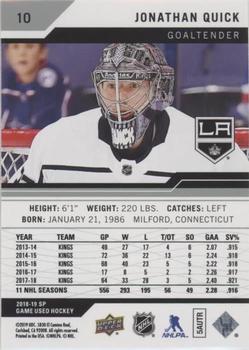 2018-19 SP Game Used #10 Jonathan Quick Back