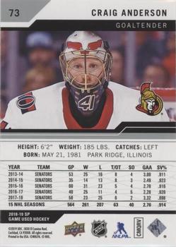 2018-19 SP Game Used #73 Craig Anderson Back