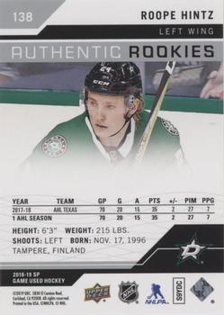 2018-19 SP Game Used #138 Roope Hintz Back