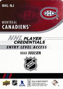 2018-19 Upper Deck MVP - NHL Player Credentials Entry Level Access #NHL-NJ Noah Juulsen Back