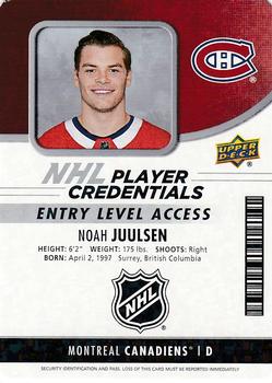 2018-19 Upper Deck MVP - NHL Player Credentials Entry Level Access #NHL-NJ Noah Juulsen Front