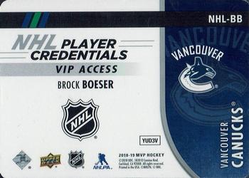 2018-19 Upper Deck MVP - NHL Player Credentials VIP Access #NHL-BB Brock Boeser Back