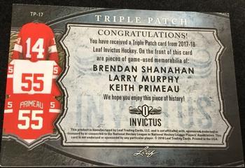 2017-18 Leaf Invictus - Triple Patch Relics - Purple #TP-17 Brendan Shanahan / Larry Murphy / Keith Primeau Back