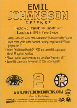 2017-18 Choice Providence Bruins (AHL) #01 Emil Johansson Back