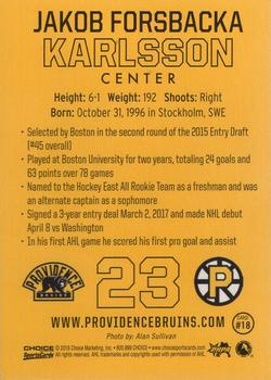 2017-18 Choice Providence Bruins (AHL) #18 Jakob Forsbacka-Karlsson Back