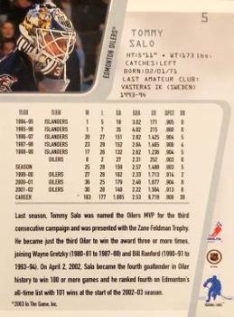 2002-03 Be a Player Between the Pipes - Spring Expo #5 Tommy Salo Back