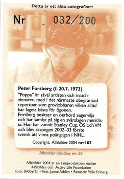 2004-05 Swedish Alfabilder Alfa Stars - Limited Autographs #103 Peter Forsberg Back