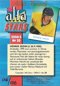 2004-05 Swedish Alfabilder Alfa Stars - Proof Parallels #20 Henrik Sedin Back