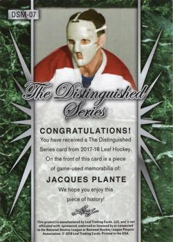 2017-18 Leaf - The Distinguished Series Relics Red #DSM-07 Jacques Plante Back