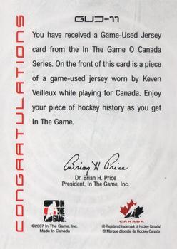 2015-16 In The Game Final Vault - 2007-08 In The Game O Canada Game-Used Jersey (Gold Vault Stamp) #GUJ-11 Keven Veilleux Back