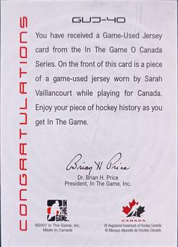 2015-16 In The Game Final Vault - 2007-08 In The Game O Canada - Game-Used Jersey (Gold Vault Stamp) #GUJ-40 Sarah Vaillancourt Back