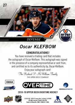 2018-19 Upper Deck Overtime - Gold Foil Autographs #27 Oscar Klefbom Back
