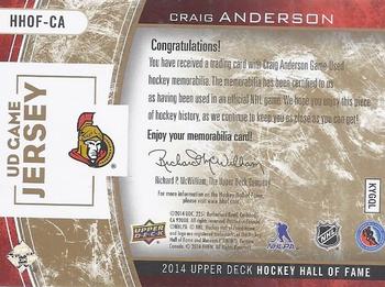 2014 Upper Deck NHL Hockey Hall of Fame Game Jerseys #HHOF-CA Craig Anderson Back