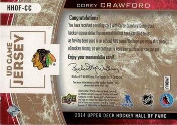 2014 Upper Deck NHL Hockey Hall of Fame Game Jerseys #HHOF-CC Corey Crawford Back