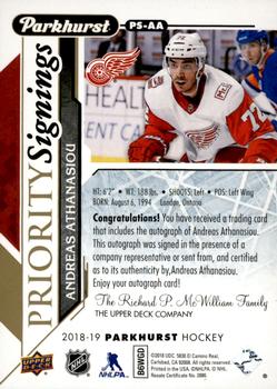 2018 Upper Deck Fall Expo - Parkhurst  Priority Signings #PS-AA Andreas Athanasiou Back