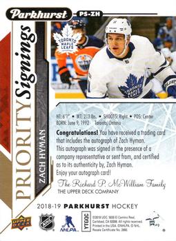 2018 Upper Deck Fall Expo - Parkhurst  Priority Signings #PS-ZH Zach Hyman Back