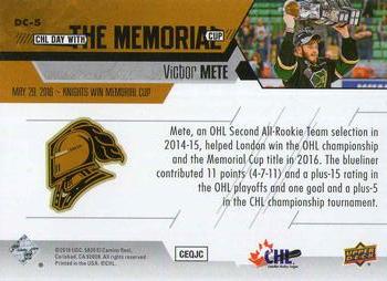 2018 Upper Deck Fall Expo - CHL Day With The Cup Flashbacks 2016 London Knights #DC-5 Victor Mete Back