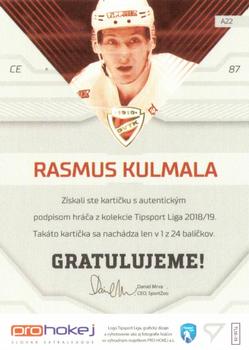 2018-19 SportZoo Tipsport Liga - Autograph #A22 Rasmus Kulmala Back