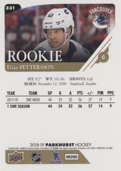 2018-19 Parkhurst #331 Elias Pettersson Back